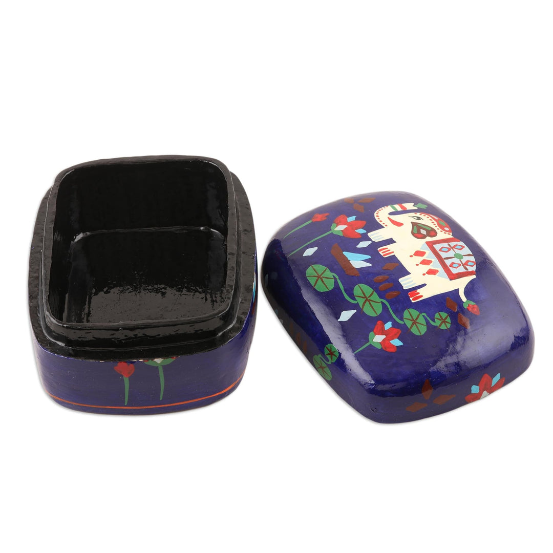 Hand Painted Papier Mache Elephant-Motif Box - Midnight Tale