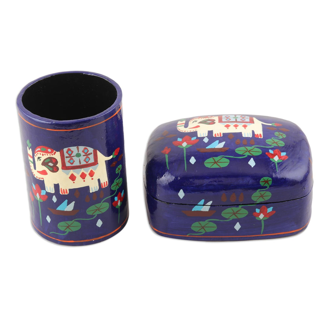 Hand Painted Papier Mache Elephant-Motif Box - Midnight Tale