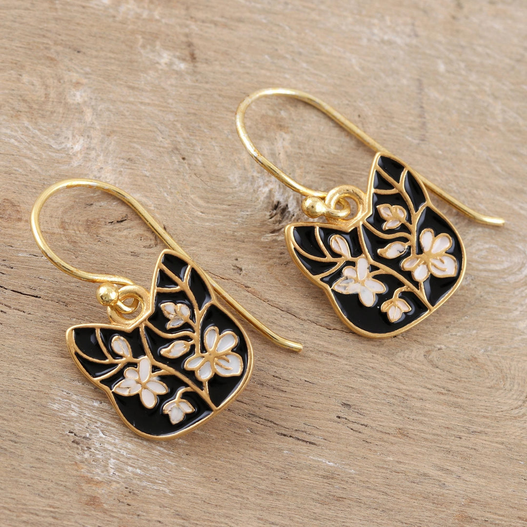 Gold-Plated Sterling Silver Cat Dangle Earrings - Outdoor Cat