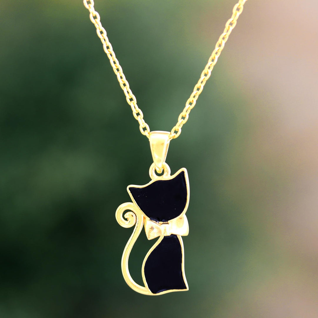 Gold-Plated Sterling Silver Cat Pendant Necklace - Black Cat