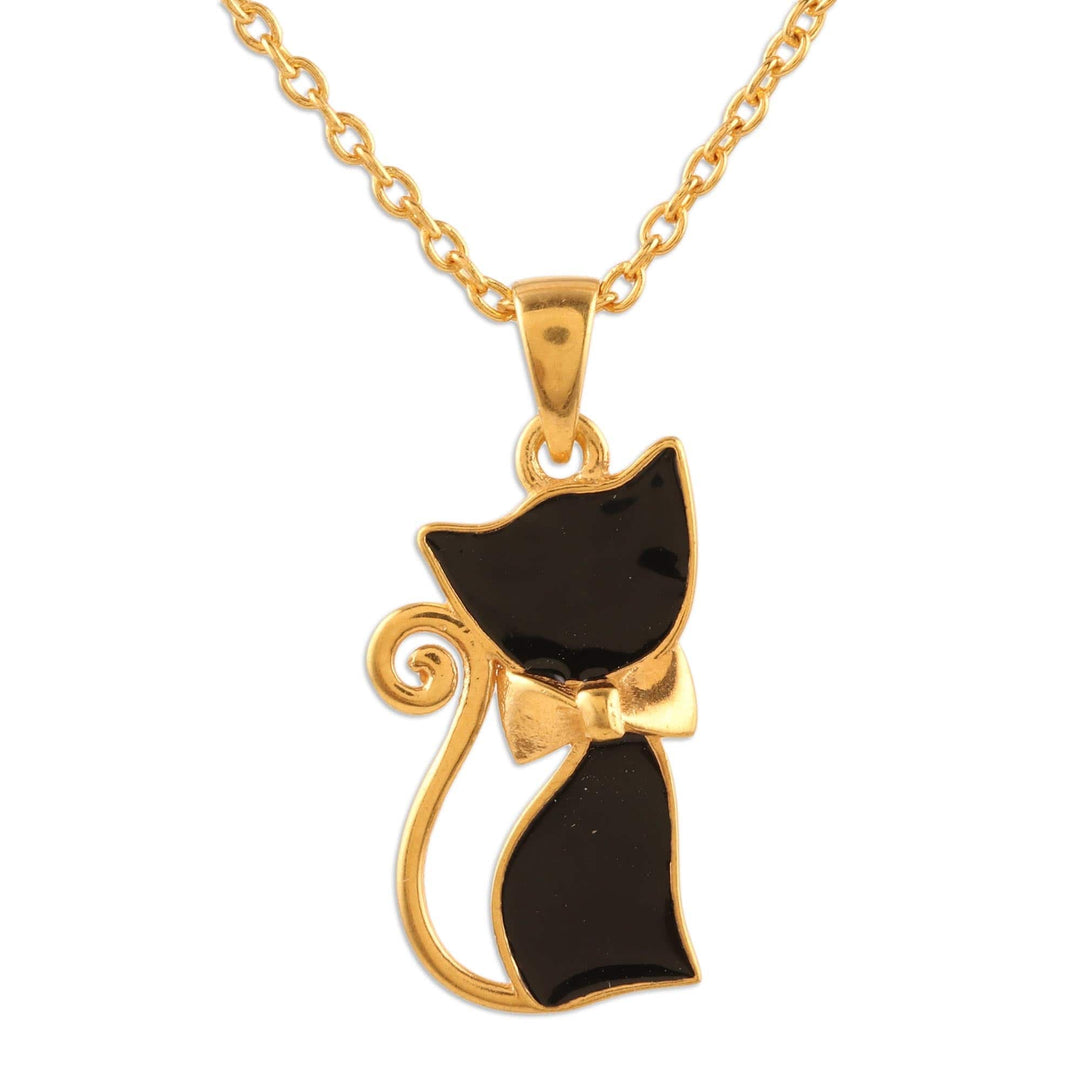 Gold-Plated Sterling Silver Cat Pendant Necklace - Black Cat