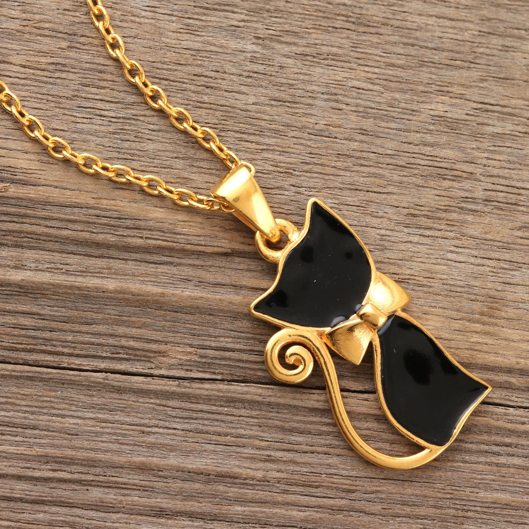Gold-Plated Sterling Silver Cat Pendant Necklace - Black Cat