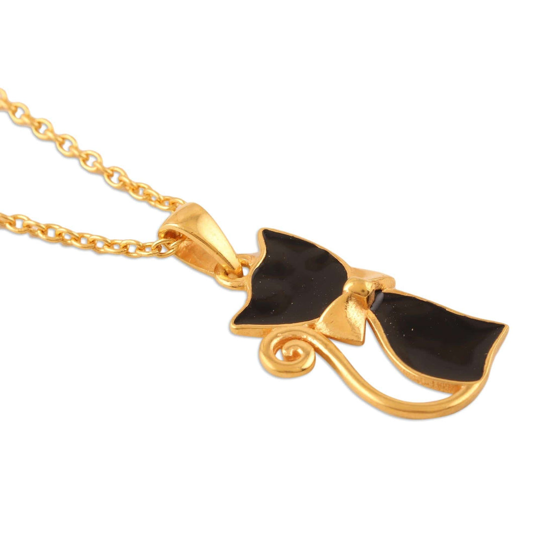 Gold-Plated Sterling Silver Cat Pendant Necklace - Black Cat