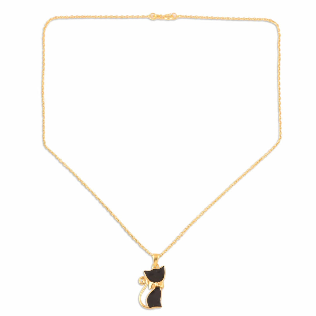 Gold-Plated Sterling Silver Cat Pendant Necklace - Black Cat