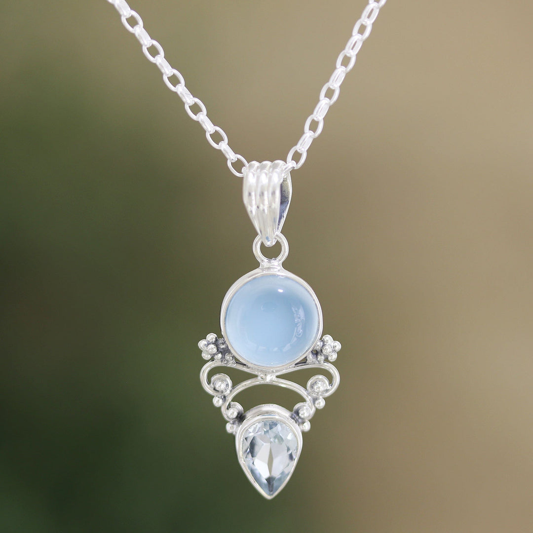 Indian Chalcedony and Blue Topaz Pendant Necklace - Glacial