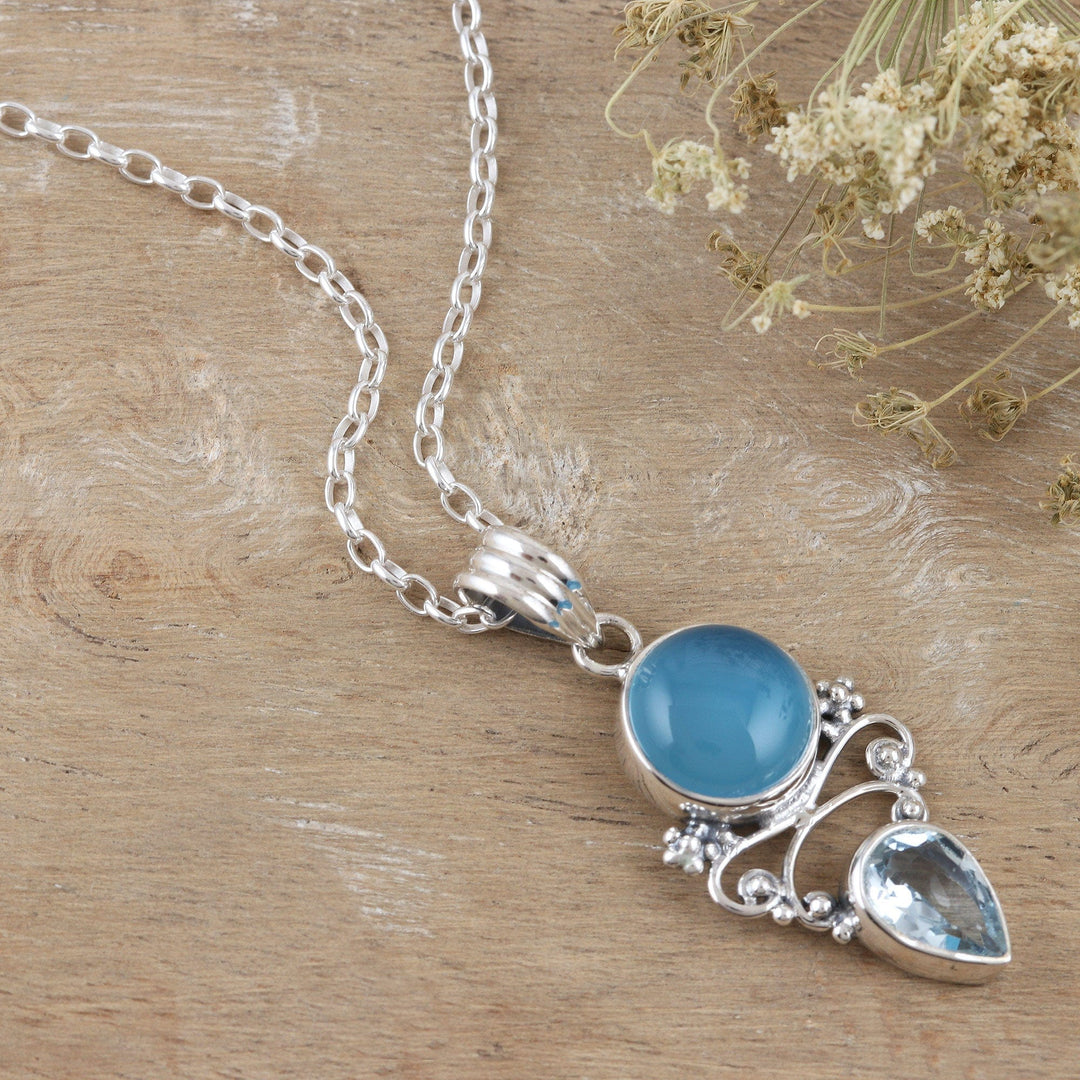 Indian Chalcedony and Blue Topaz Pendant Necklace - Glacial