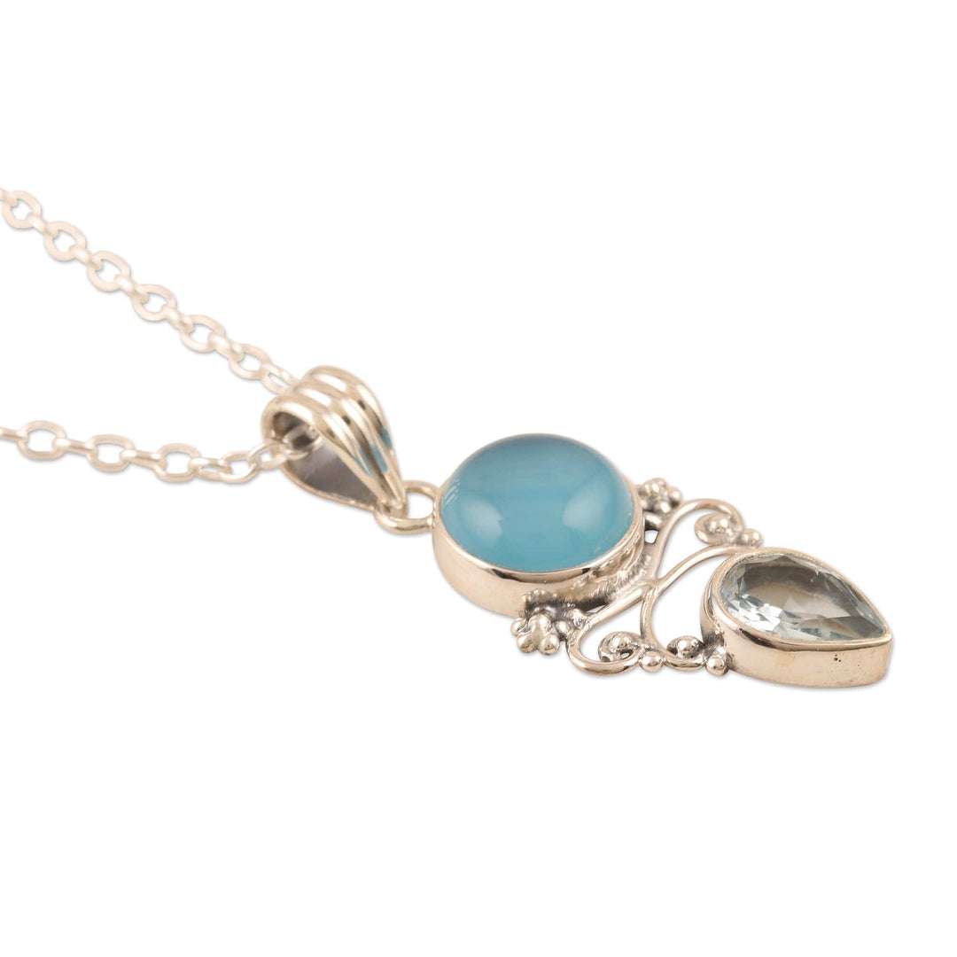 Indian Chalcedony and Blue Topaz Pendant Necklace - Glacial