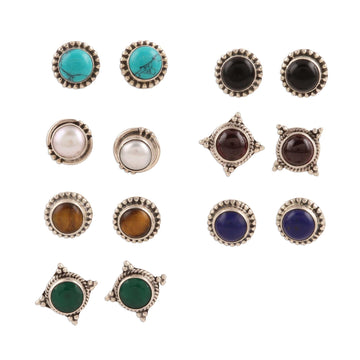 Handmade Multi-Gemstone Stud Earrings (Set of 7) - Everyday Pairs