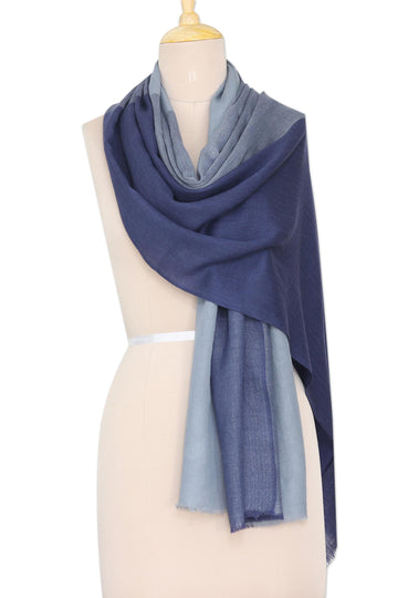 Hand-Woven Blue Wool Shawl from India - Blue Rhapsody