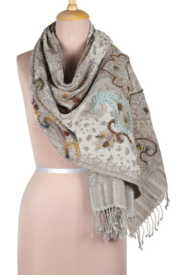 Hand-Embroidered Fringed Wool Shawl - Paisley Day