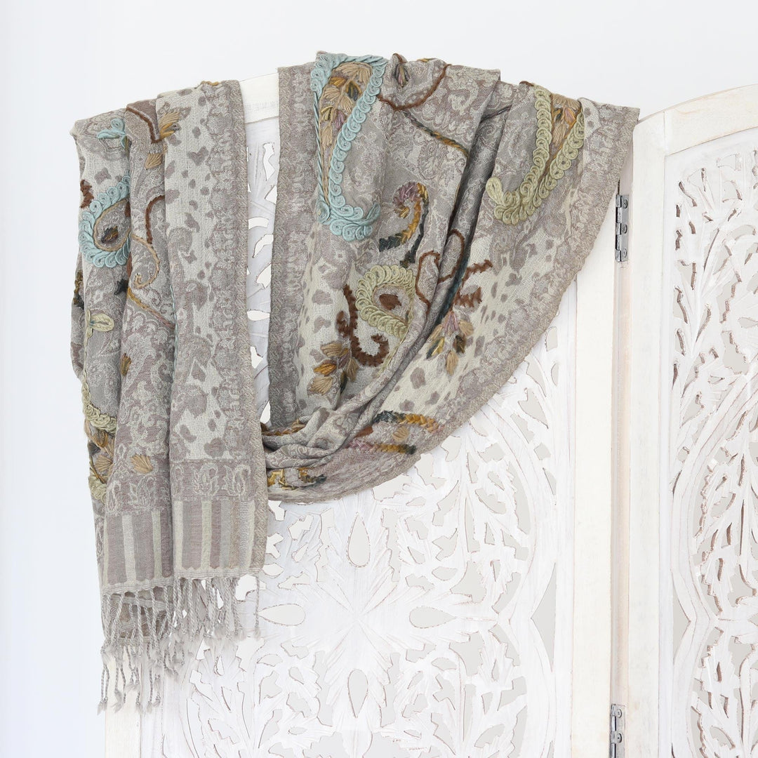 Hand-Embroidered Fringed Wool Shawl - Paisley Day