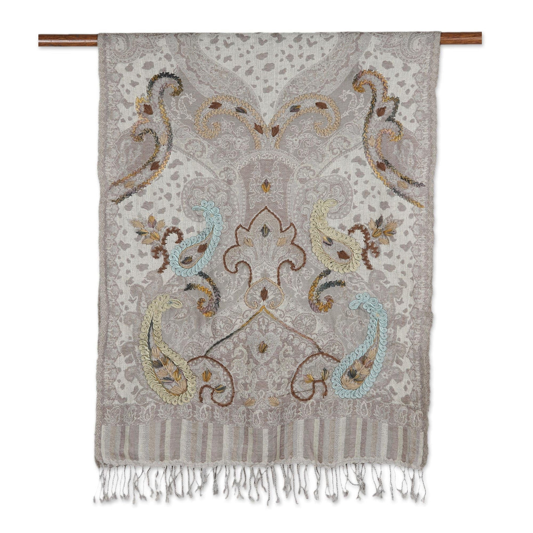 Hand-Embroidered Fringed Wool Shawl - Paisley Day