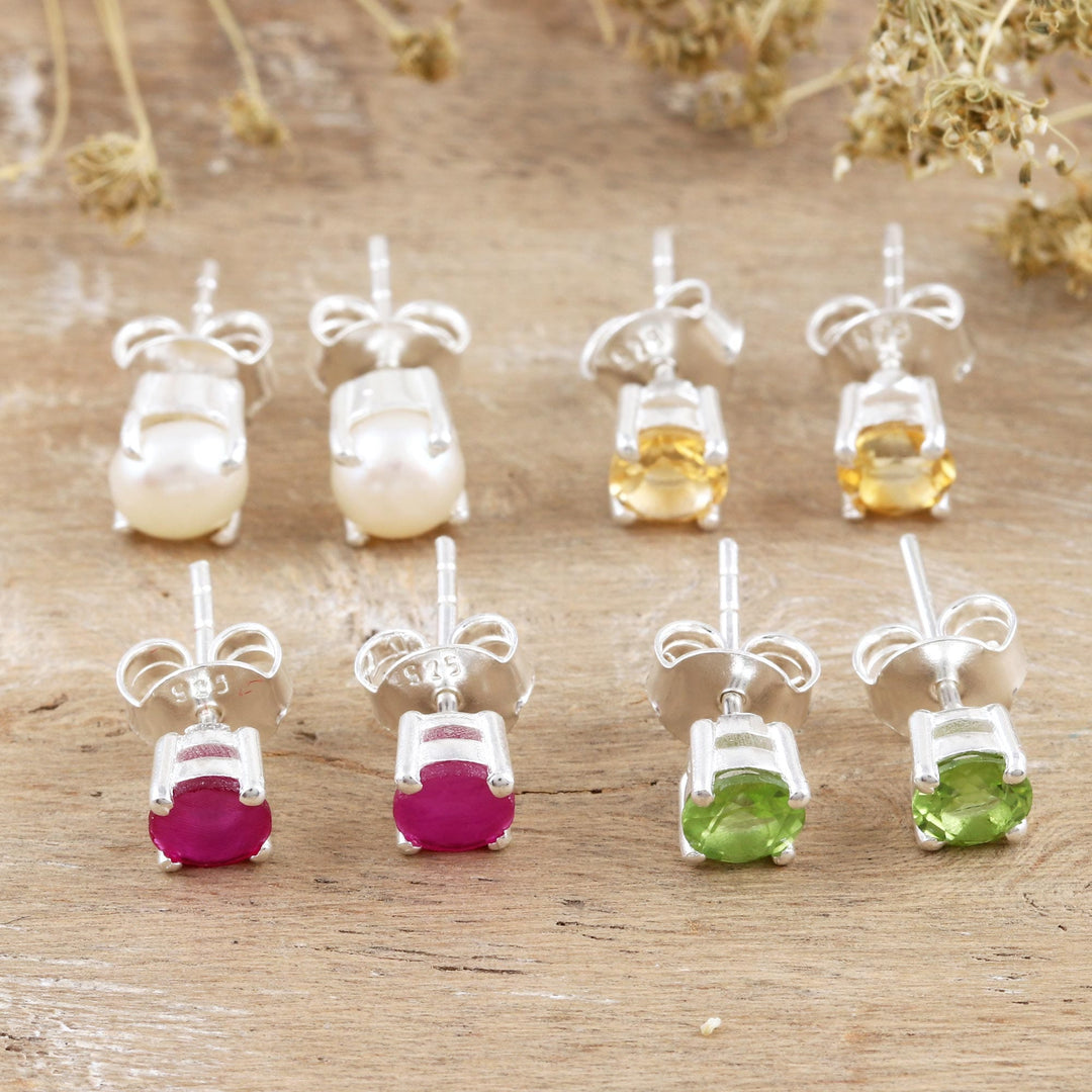 Sterling Silver Gemstone Stud Earrings from India (Set of 4) - Facts of Life