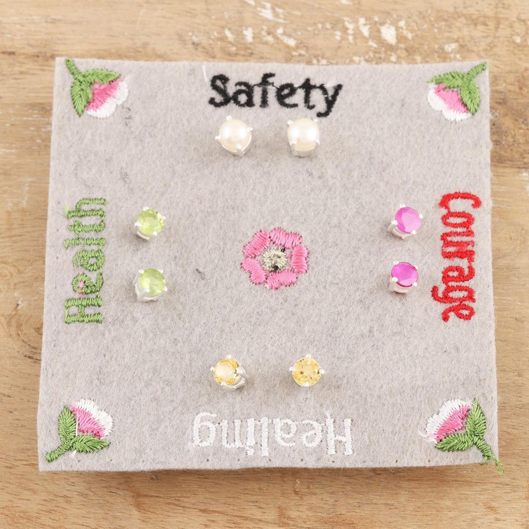 Sterling Silver Gemstone Stud Earrings from India (Set of 4) - Facts of Life