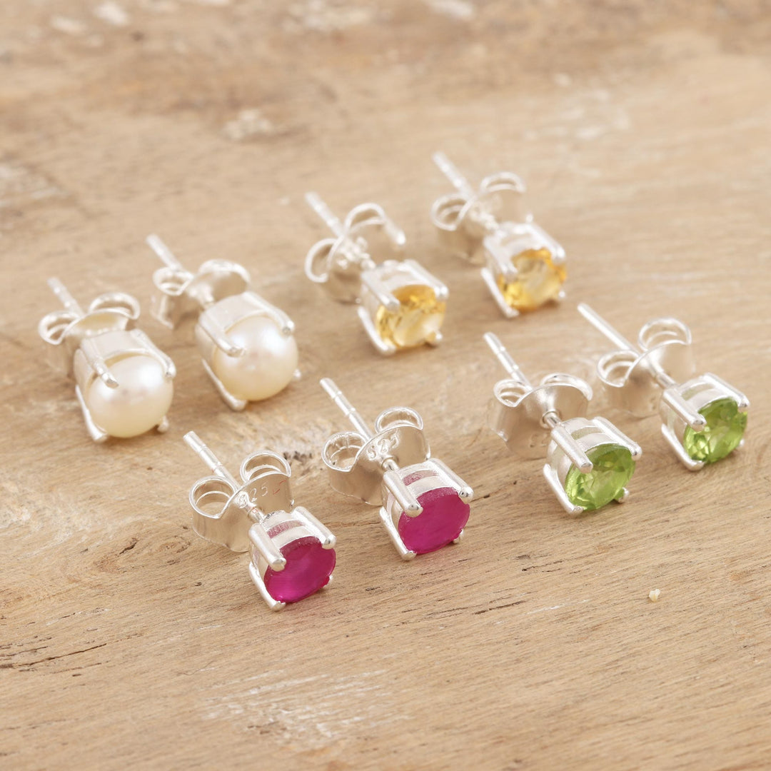 Sterling Silver Gemstone Stud Earrings from India (Set of 4) - Facts of Life
