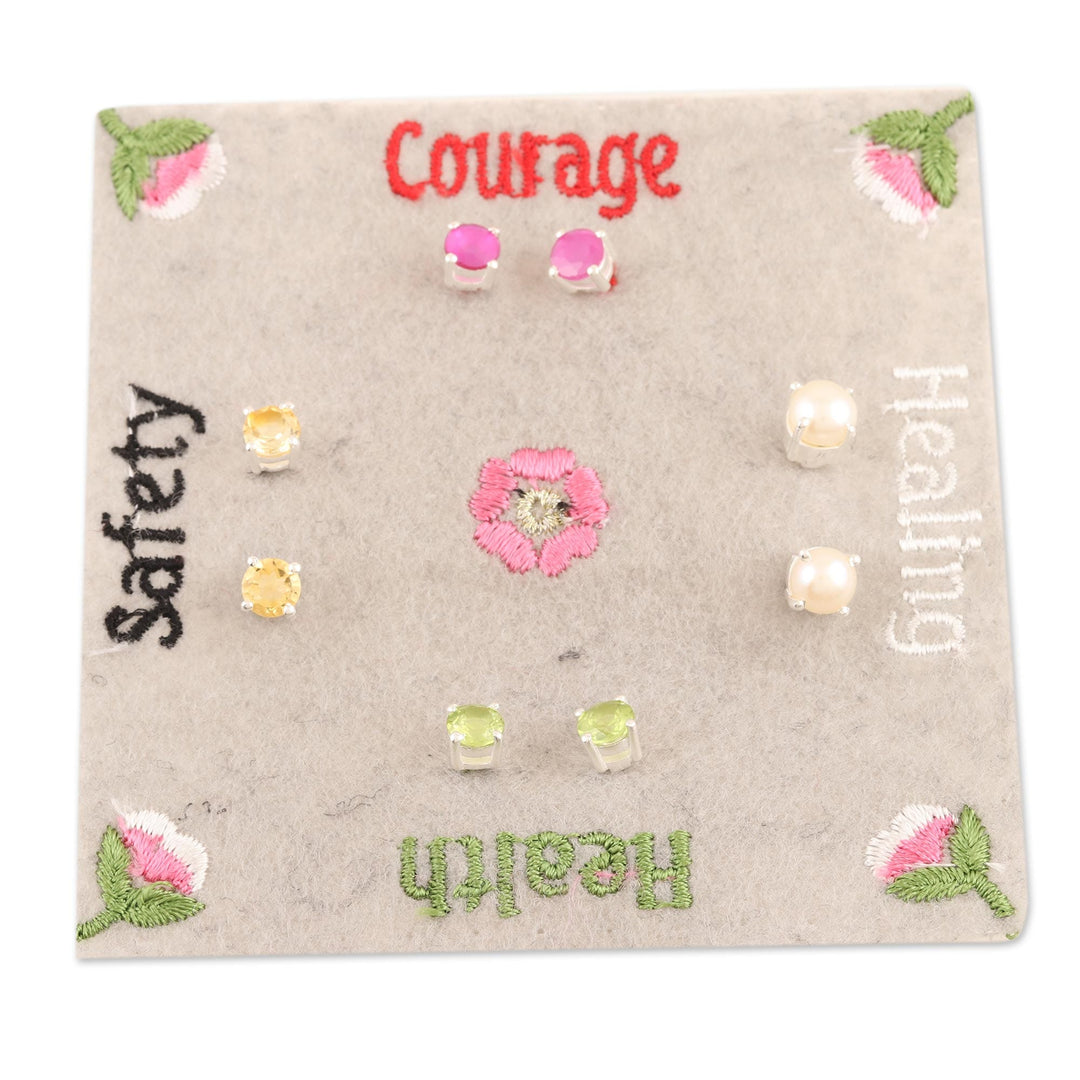 Sterling Silver Gemstone Stud Earrings from India (Set of 4) - Facts of Life