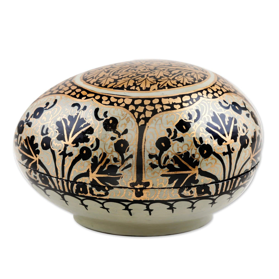 Hand-Painted Papier Mache Box with Leaf Motif - Midnight Delight in Aqua