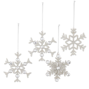 Aluminum Beaded Ornaments - Set of 4 - Silvery Snowflakes