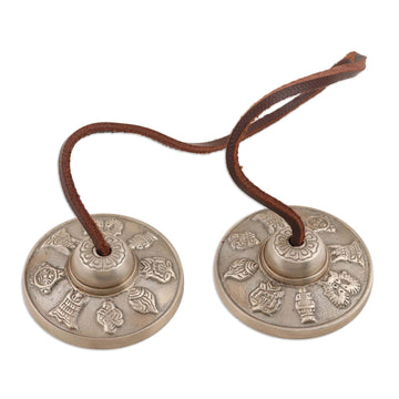 Leather Accented Brass Prayer Bells from India - Ritual Sound