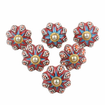 Ceramic Knobs with Floral Motif from India (Set of 6) - Floral Ballad