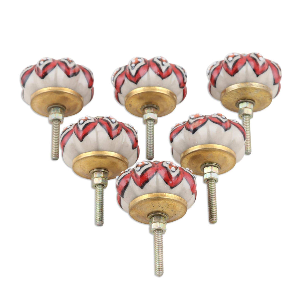 Ceramic Knobs with Floral Motif from India (Set of 6) - Floral Ballad