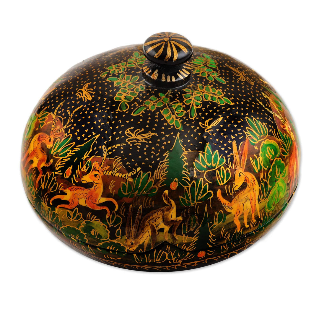 Hand-Painted Black Papier Mache Decorative Box from India - Jungle Scene in Black