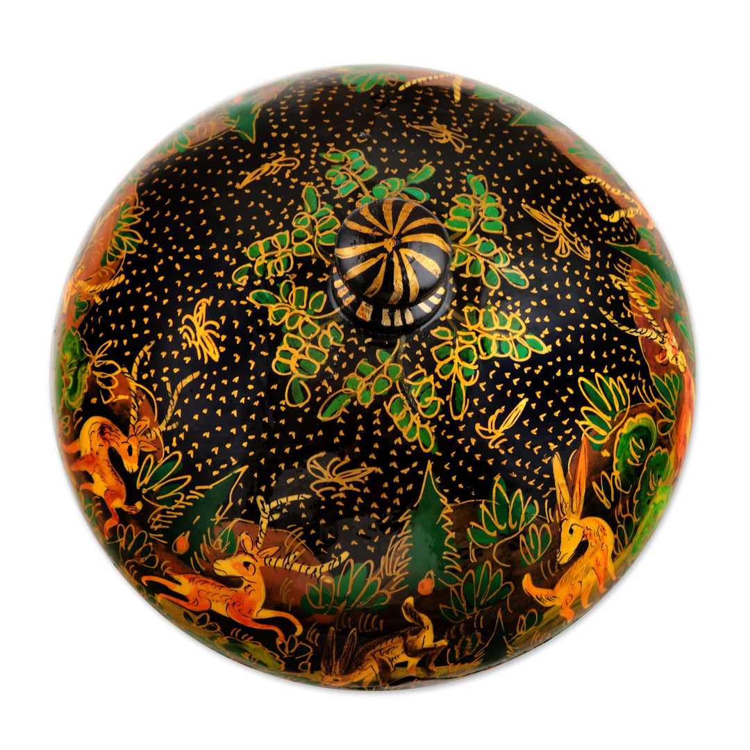 Hand-Painted Black Papier Mache Decorative Box from India - Jungle Scene in Black