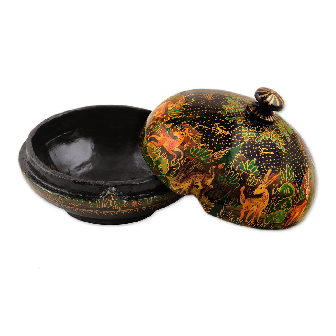 Hand-Painted Black Papier Mache Decorative Box from India - Jungle Scene in Black