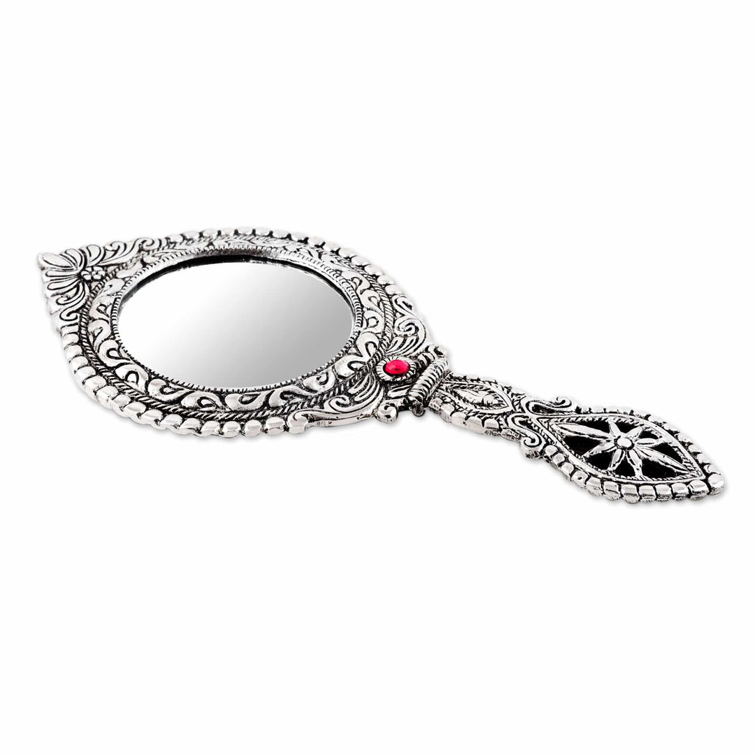 Artisan Crafted Indian Floral Themed Aluminum Hand Mirror - Artistic Reflection