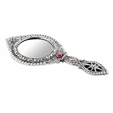 Artisan Crafted Indian Floral Themed Aluminum Hand Mirror - Artistic Reflection
