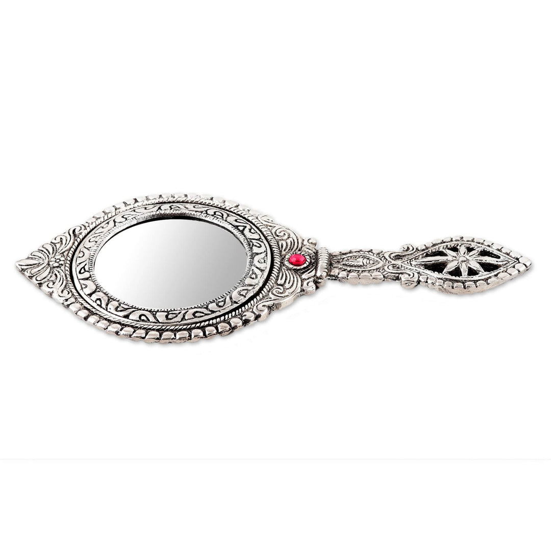 Artisan Crafted Indian Floral Themed Aluminum Hand Mirror - Artistic Reflection