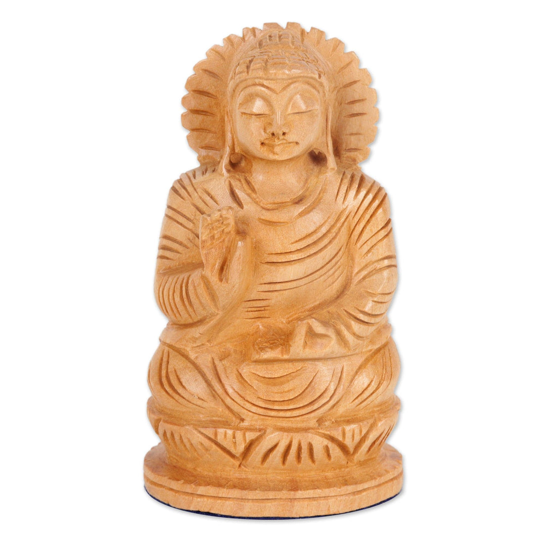Indian Buddha Theme Sculpture Hand Carved from Kadam Wood - Mindful Buddha