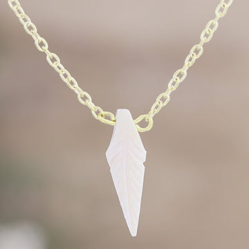 Hand-Carved Pendant Necklace with Brass Chain from India - White Leaf