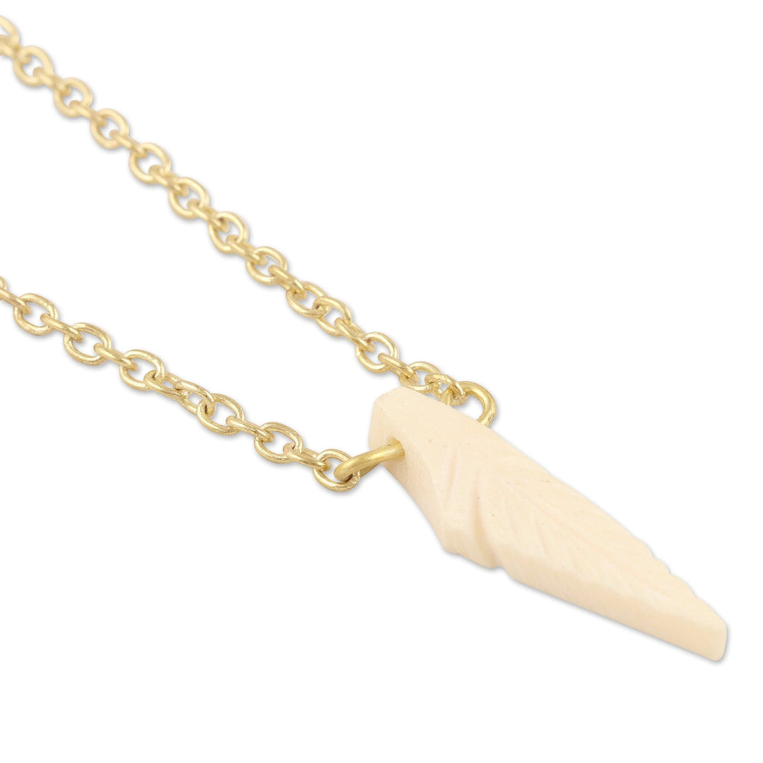 Hand-Carved Pendant Necklace with Brass Chain from India - White Leaf