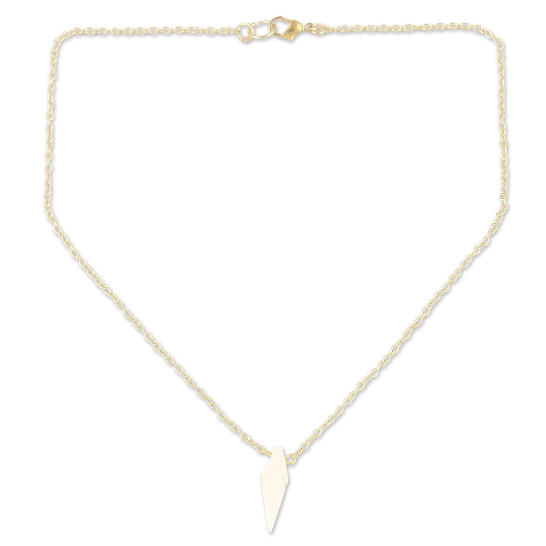 Hand-Carved Pendant Necklace with Brass Chain from India - White Leaf