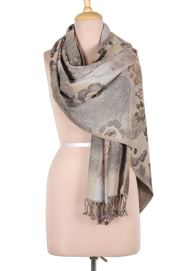 Cotton & Wool Shawl with Floral Pattern Woven in India - Sandy Charm