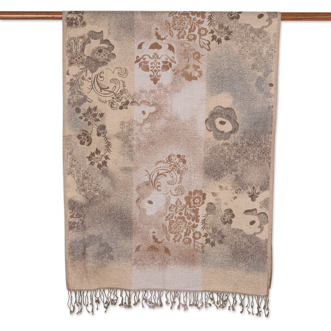 Cotton & Wool Shawl with Floral Pattern Woven in India - Sandy Charm