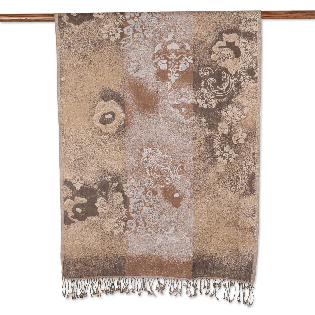 Cotton & Wool Shawl with Floral Pattern Woven in India - Sandy Charm