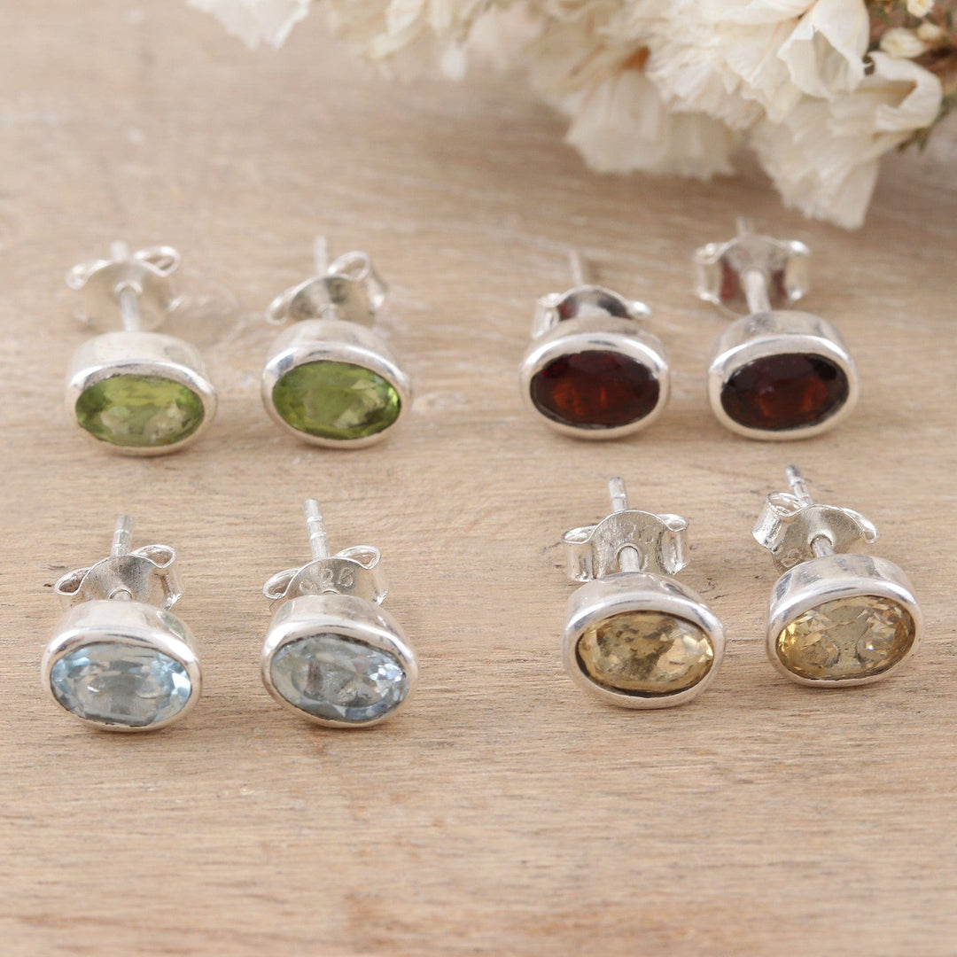 Set of 4 Gemstone and Sterling Silver Stud Earrings - All for One