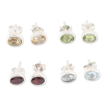 Set of 4 Gemstone and Sterling Silver Stud Earrings - All for One