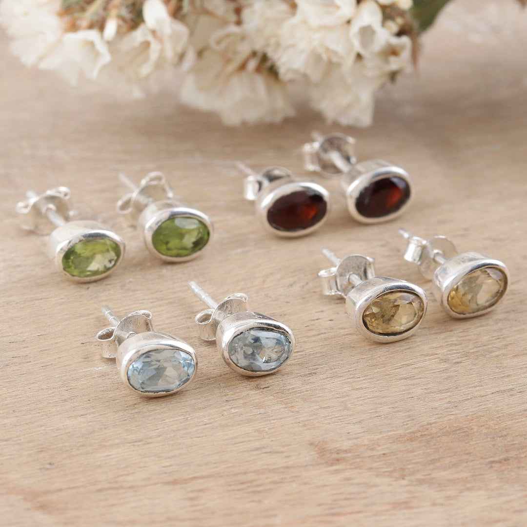 Set of 4 Gemstone and Sterling Silver Stud Earrings - All for One