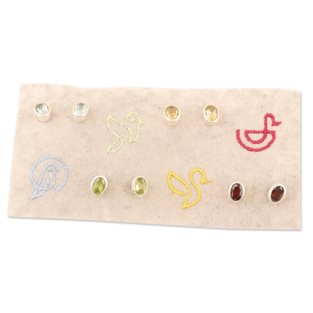 Set of 4 Gemstone and Sterling Silver Stud Earrings - All for One