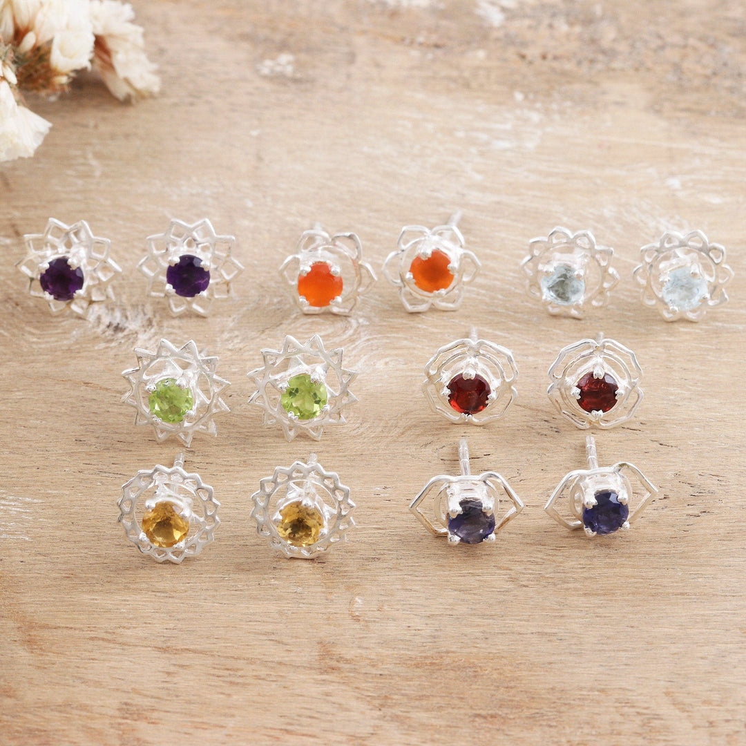 Gemstone and Sterling Silver Stud Earrings - Set of 7 - One for All
