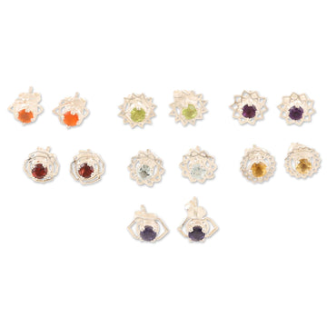 Gemstone and Sterling Silver Stud Earrings - Set of 7 - One for All