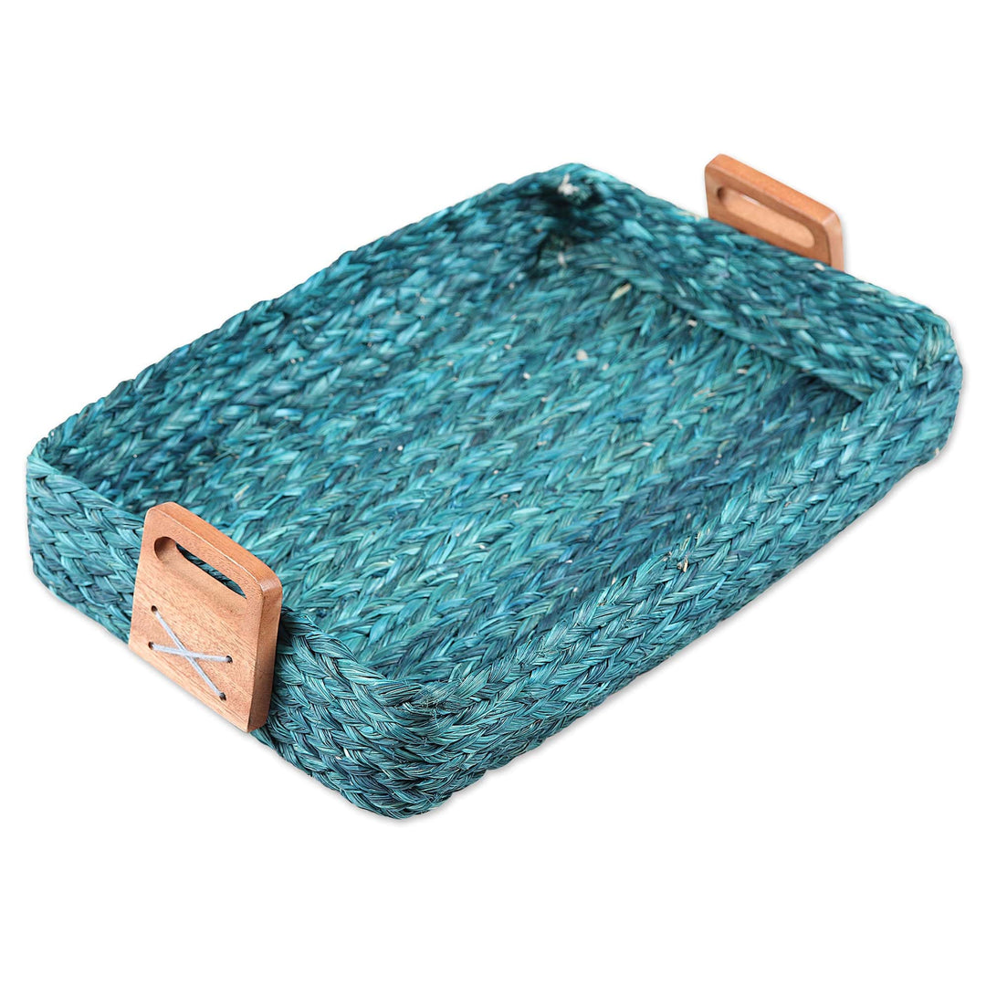 Natural Fiber Basket in Turquoise with Acacia Wood Handles - Turquoise Passion