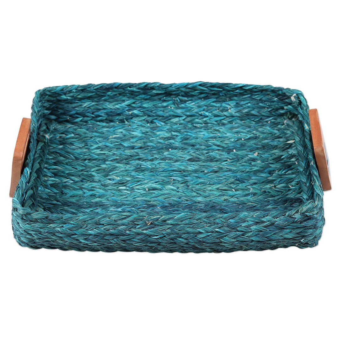 Natural Fiber Basket in Turquoise with Acacia Wood Handles - Turquoise Passion