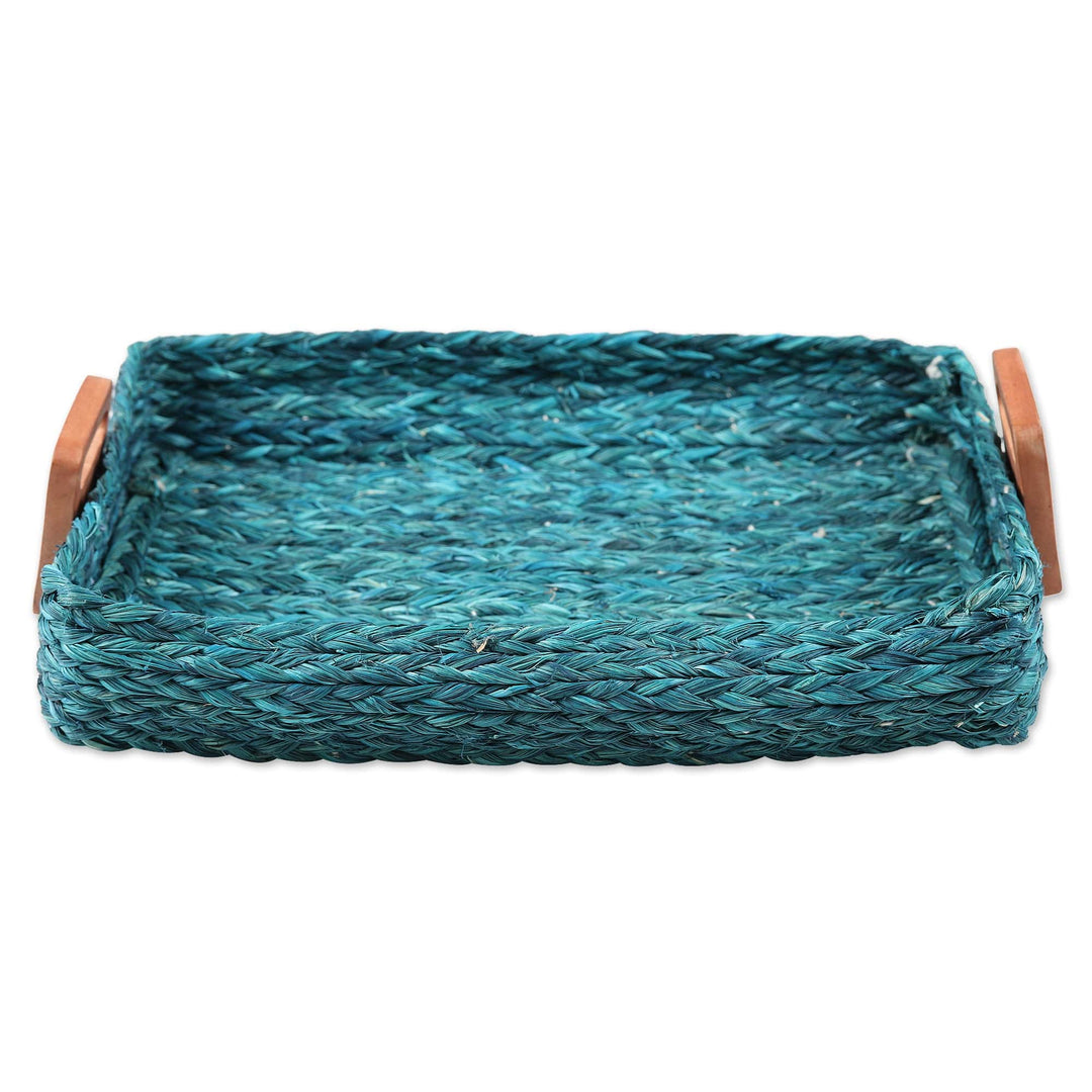 Natural Fiber Basket in Turquoise with Acacia Wood Handles - Turquoise Passion