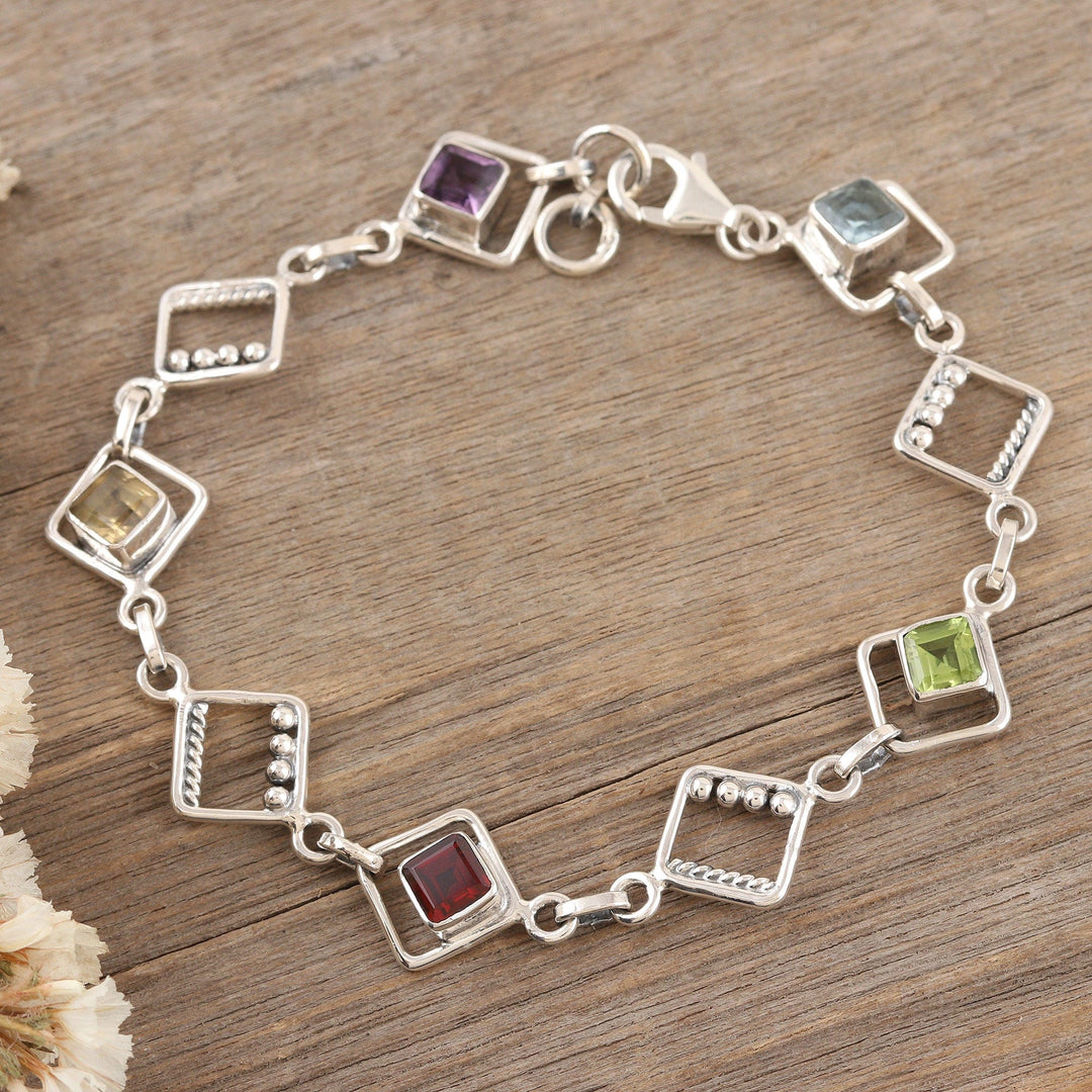 Multi-Gemstone Sterling Silver Link Bracelet - Colorful Harmony