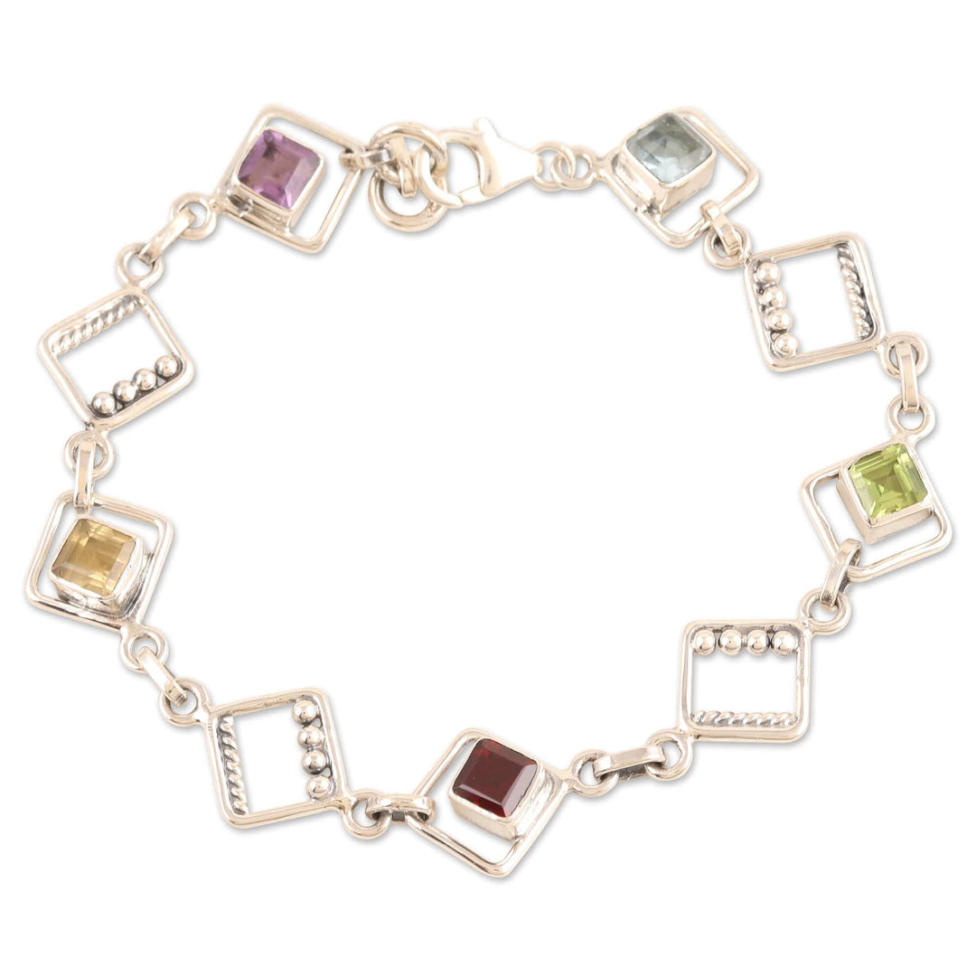 Sterling Silver Multigem Link Bracelet with Garnet Amethyst