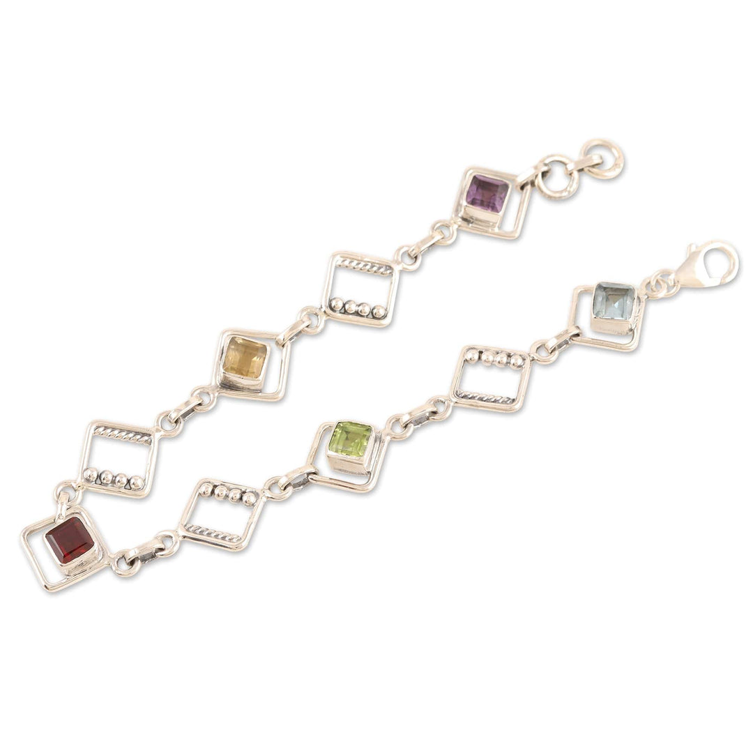 Multi-Gemstone Sterling Silver Link Bracelet - Colorful Harmony